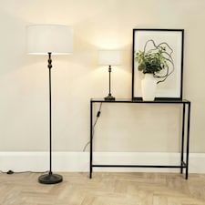 ValueLights Maggie Black Metal Candlestick Floor Lamp with White Fabric Lamp Shade