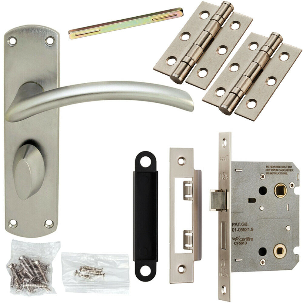 Loops Door Handle & Bathroom Lock Pack Satin Chrome Arched Lever Thumb Turn Backplate