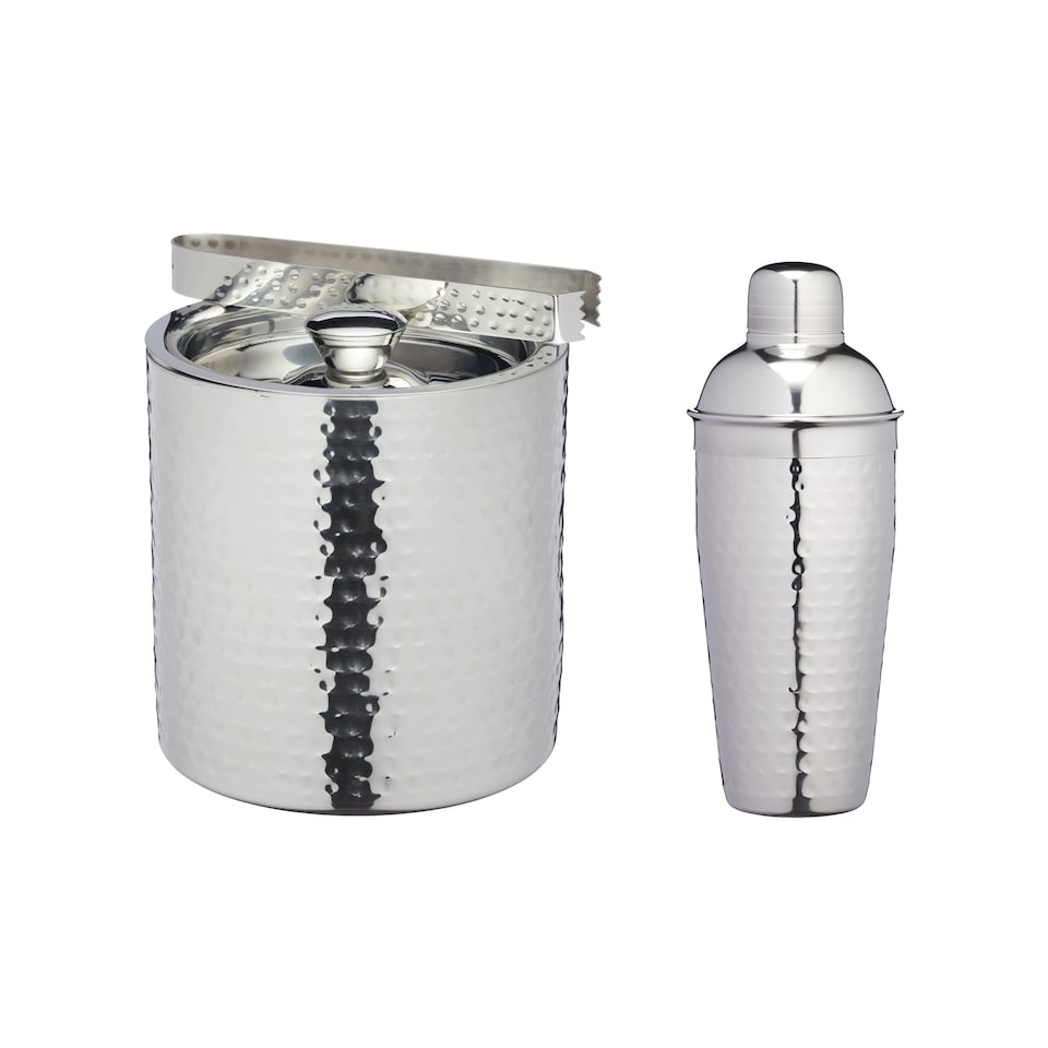 image 1 of BarCraft Barware Set Including Hammered Ice Bucket with Lid, Tongs and Cocktail Shaker