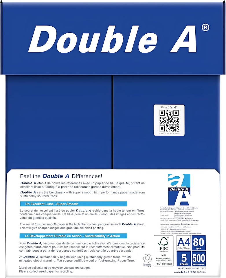 image 1 of Double A A4 80gsm Printer Paper – 2500 Sheets, 5 Reams