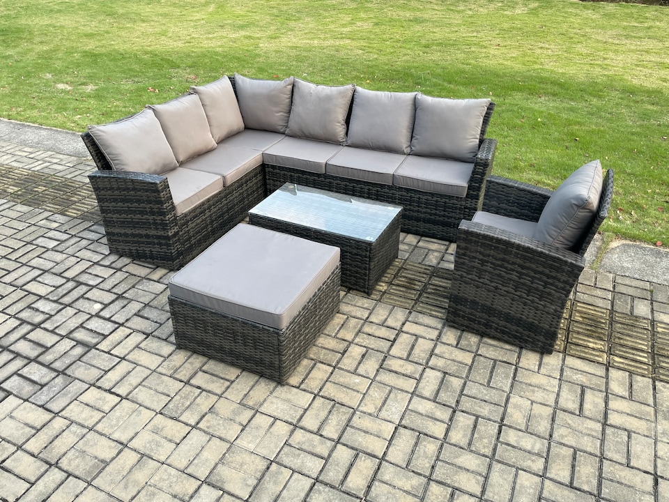 image 1 of Fimous 8 Seater Rattan Garden Furniture Corner Sofa Set Outdoor Patio Sofa Chair Table Set with Rectangular Coffee Table Dark Grey Mixed