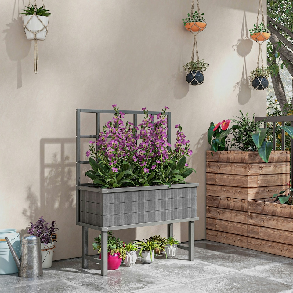 image 1 of Outsunny Wood Raised Planter w/ Trellis Drain Holes Elevated Garden Bed Grey