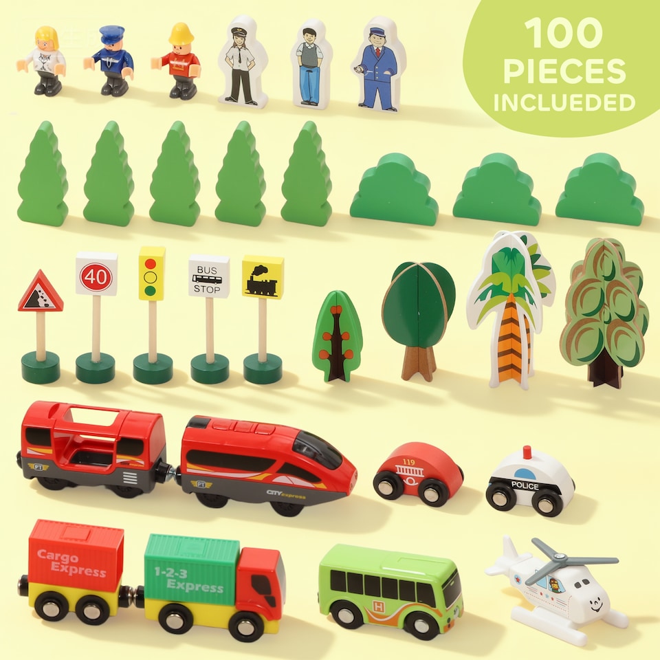 image 1 of AIYAPLAY Wooden Train Set, 100 Piece Toy Train with Crane for 3+ Years Old