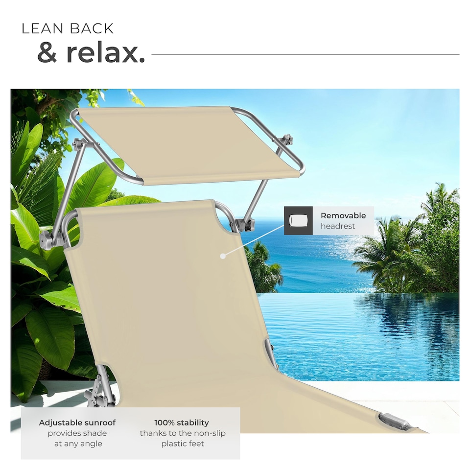 image 1 of Sun Lounger - foldable, adjustable sunroof, 4-step backrest, head cushion | Cream | beige | 1