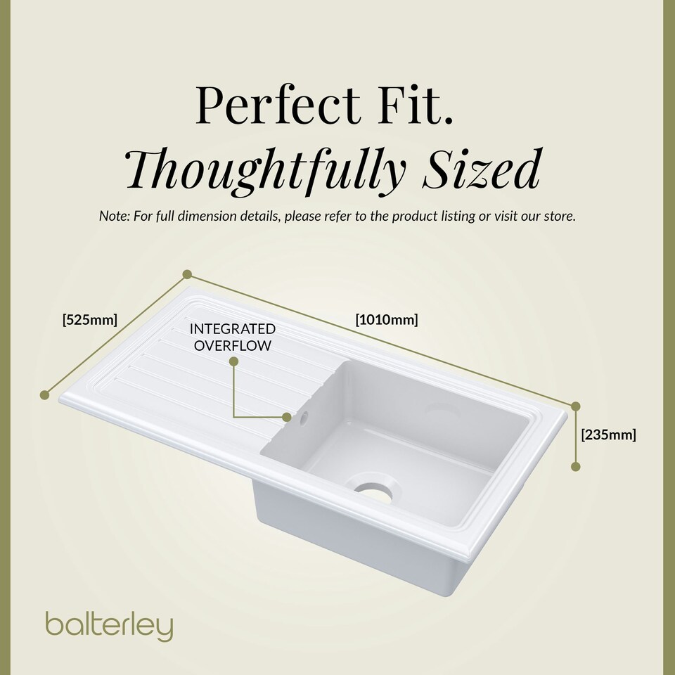 image 1 of Single Bowl Fireclay Inset Kitchen Sink & Drainer, Classic Tap & Wastes, 1010mm