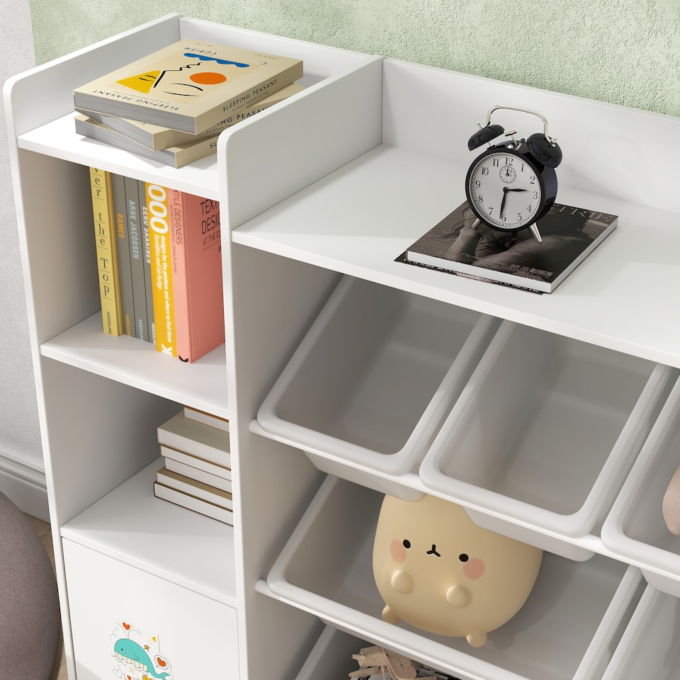 image 1 of AIYAPLAY Kids Bookshelf and Toy Storage Organiser with 8 Removable Storage Bins, Toy Organisers with Bookshelf for Playroom, Nursery, Kids Room, White