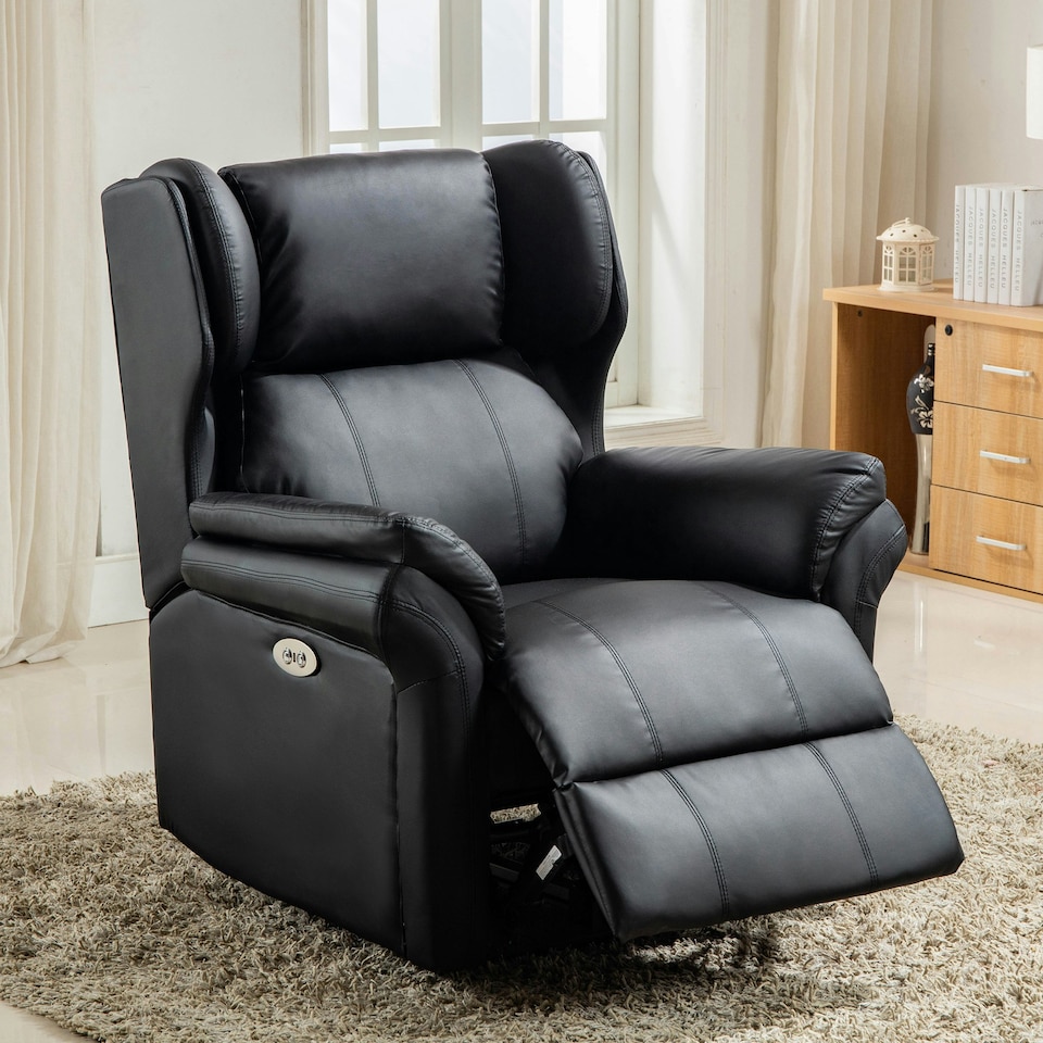 image 1 of Electric Recliner Chair Wingback Design & USB Port In Bonded Leather (Black)