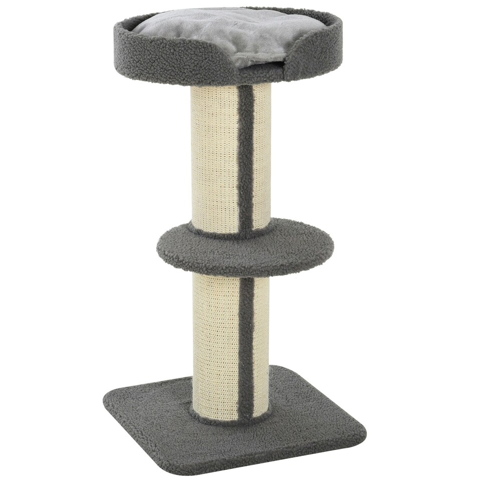 image 1 of PawHut 2-Tier Cat Kitten Resting Tree with Top Basket Cushion Grey