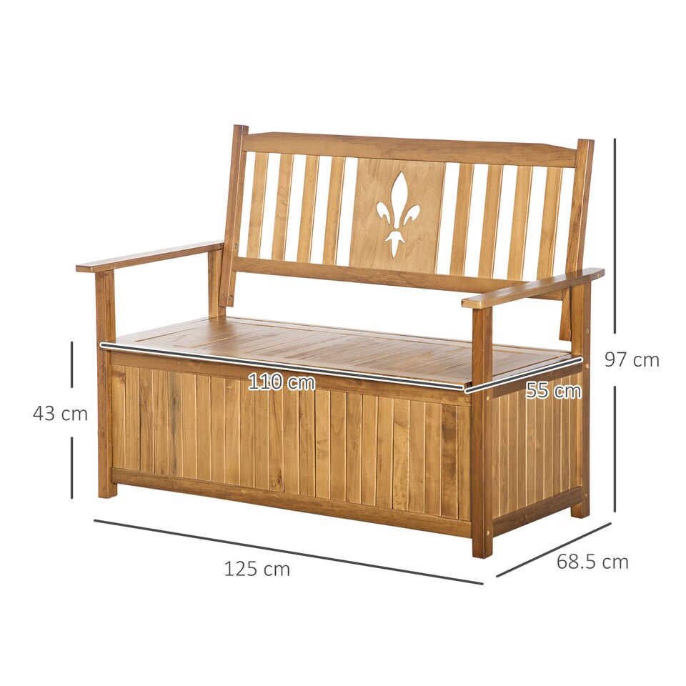 image 1 of Outsunny 2 Seater Garden Storage Bench, 164L Outdoor Storage Box with Backrest Flower Pattern, Wooden Garden Bench with Armrests, 125 x 68.5 x 97cm, Natural