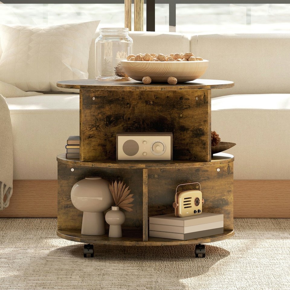 image 1 of 2 Tier Round Coffee Tea Table End Side Desk Sector Divider Shelves Storage | Multi | 60 x 60 x 55.5