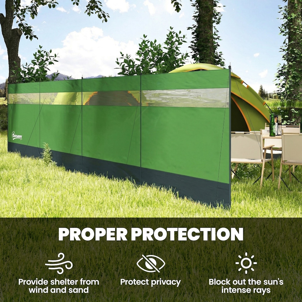 image 1 of Outsunny Camping Windbreaks with Clear Windows, 725 x 140cm | Green | Army Green | 725 x 140 cm