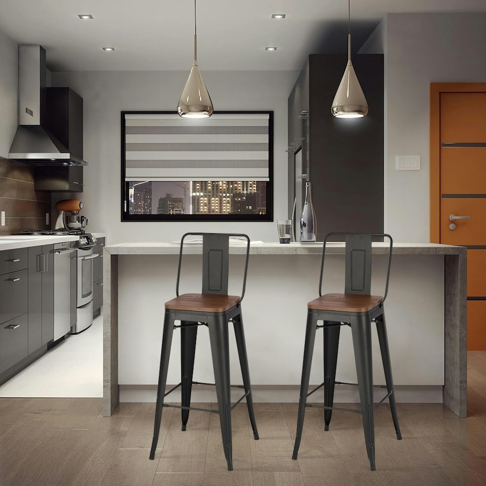 image 1 of Living and Home 2-piece Metal Frame High Chair Bar Stool - Walnut