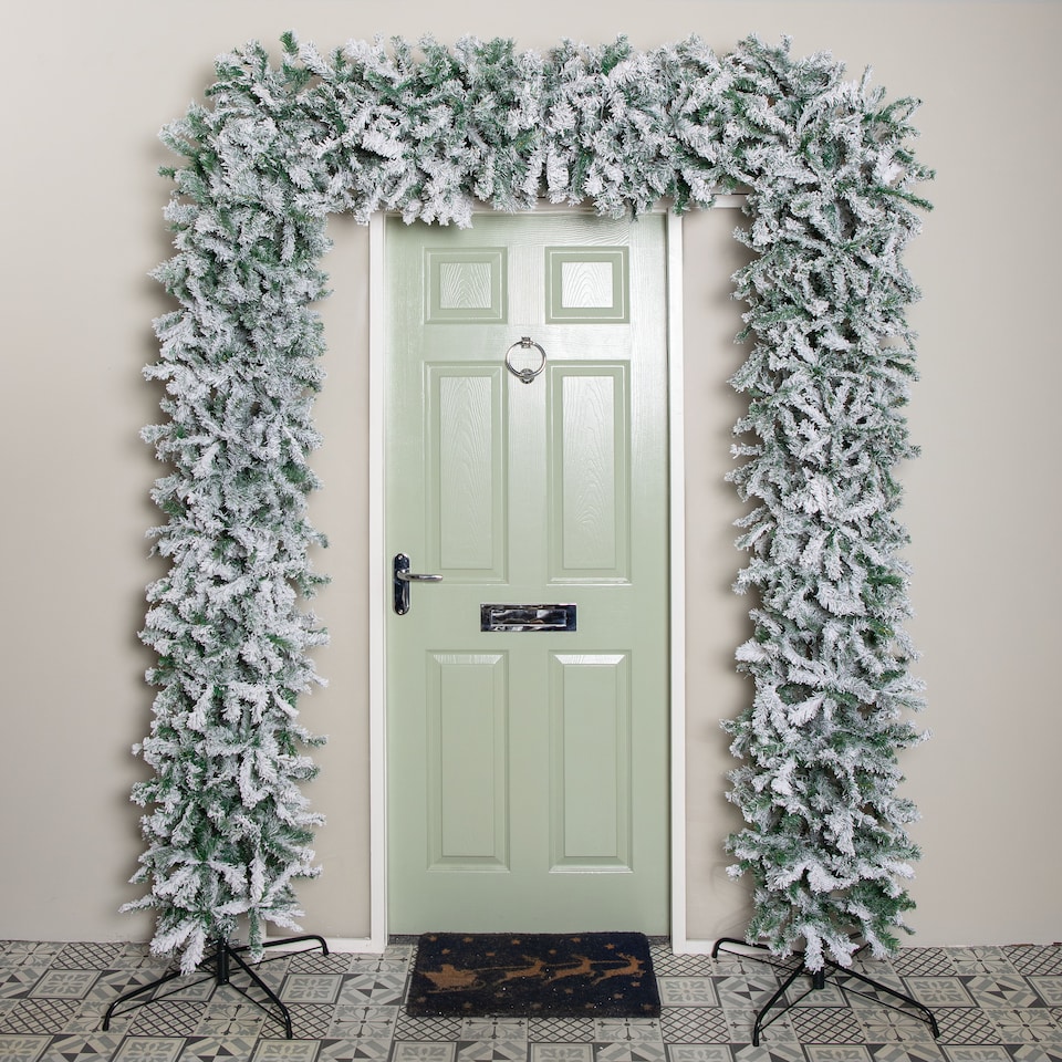 image 1 of 8ft Samuel Alexander Single Door Snow Flocked Christmas Tree Flat Top Arch with 2000 Tips