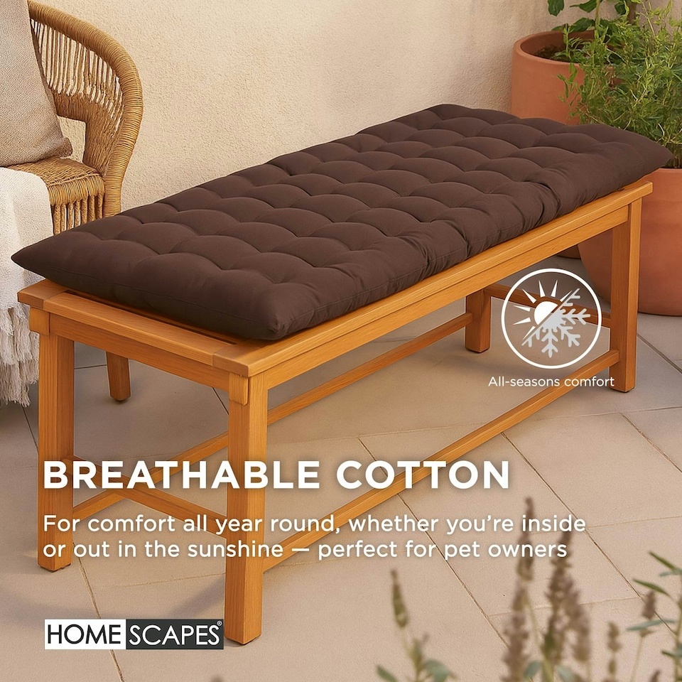 image 1 of Homescapes Garden Bench Cushion Luxury 3 Seater 100% Cotton Indoor Outdoor Seat Pad | Brown | 3 Seater | 1