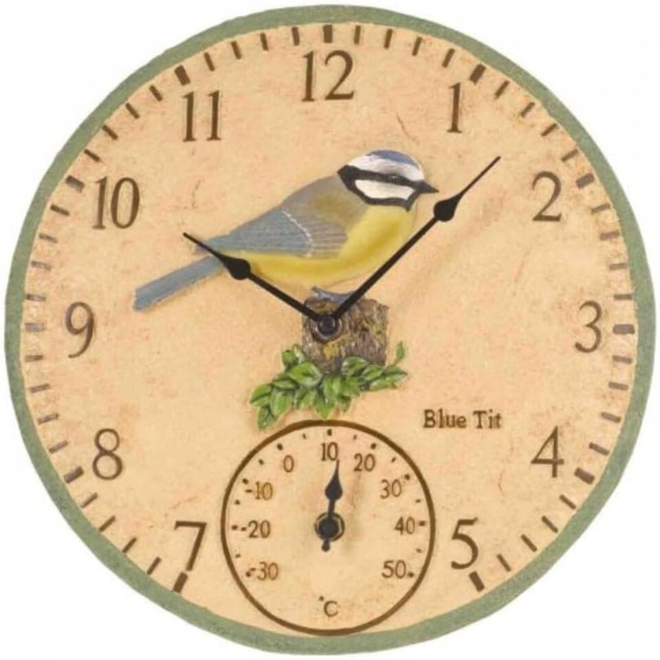 image 1 of Marco Paul 30cm Blue Bird Design Garden Clock and Thermometer Blue