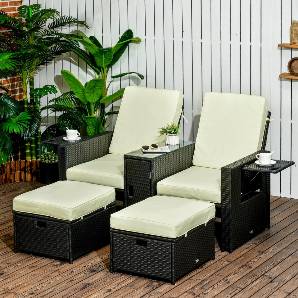 image 1 of Outsunny 5PC PE Rattan Sun Lounger, Outdoor Wicker 5-level Adjustable Recliner Sofa Bed with Storage Side Table and Footstools, for Patio, Garden, Poolside, Black