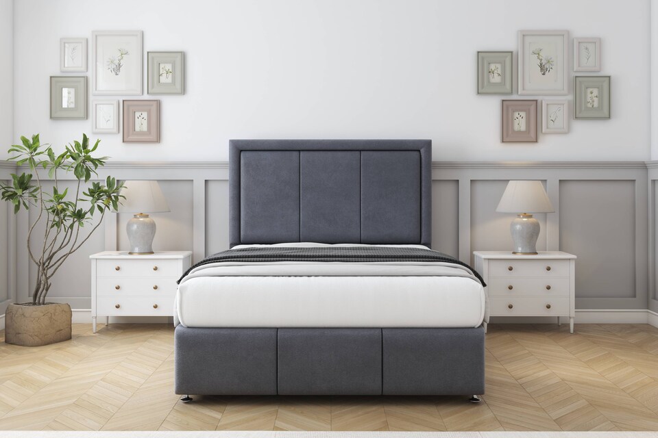 image 1 of Sloomy Lancaster Steel Plush Divan Bed Base No Drawers With 54 Inch Floor Standing Headboard & 12 Inch Matching Footboard | Grey | Steel | King | 1