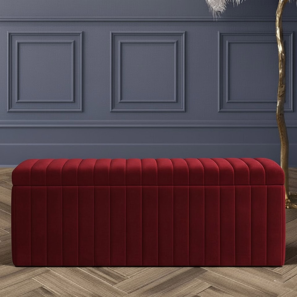 image 1 of 137cm Wide Lux Ottoman Storage Box, Red Velvet Upholstered Full Striped Storage Ottoman Box