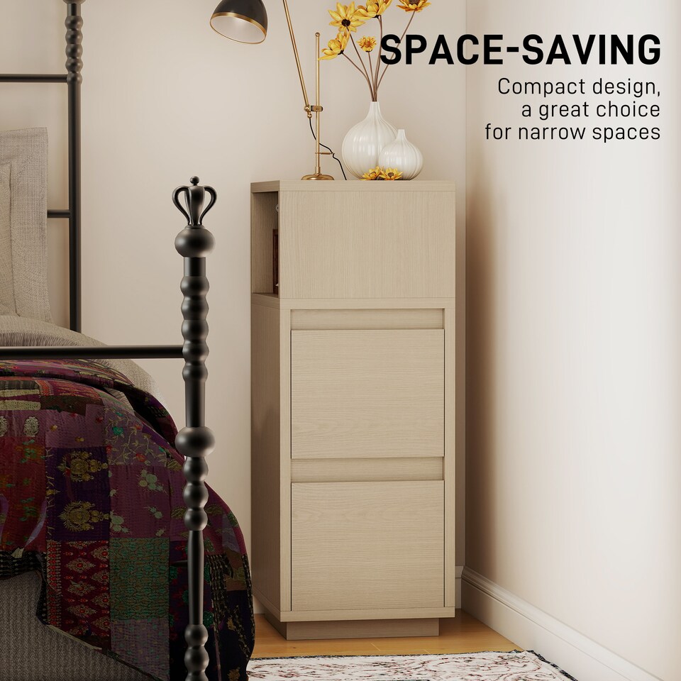 image 1 of HOMCOM Slim Bedside Table, Narrow Bedside Cabinet with Open Shelf and 2 Drawers, Modern Nightstand for Bedroom, Living Room, Natural Wood Finish | Brown | Natural wood finish