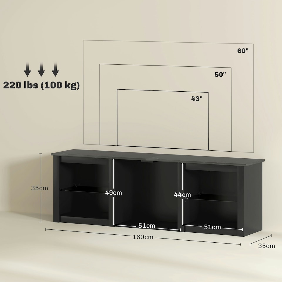 image 1 of HOMCOM 160cm TV Unit w/ LED Lights for 65" TV Modern TV Stand Cabinet Black