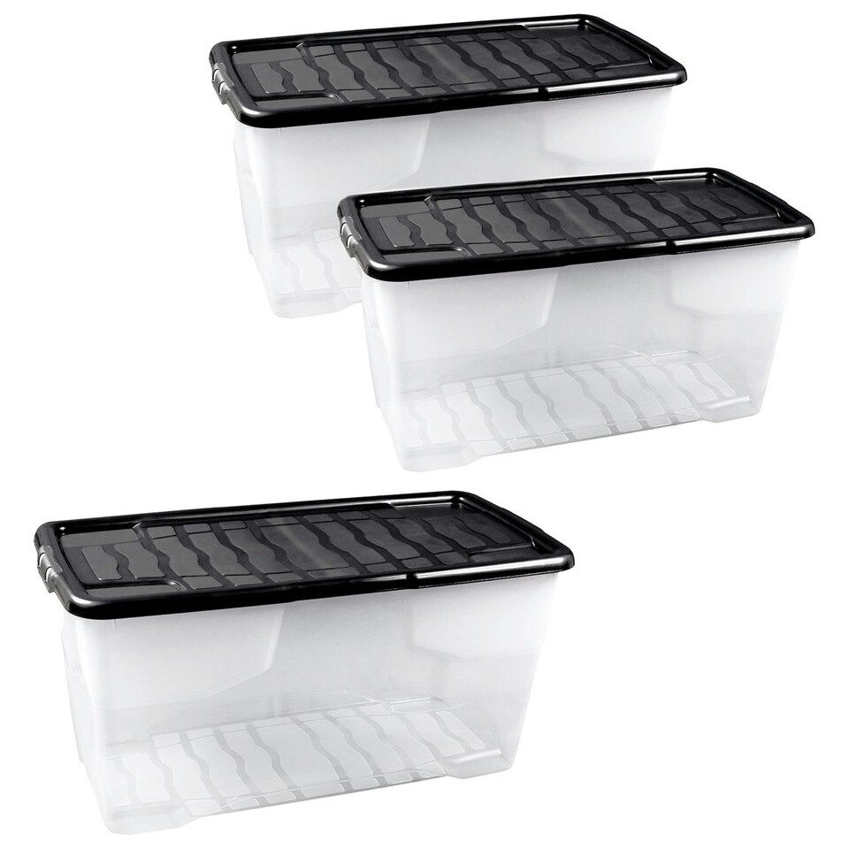 image 1 of 3 x Stackable & Strong Durable 42 Litre Curve Plastic Storage Boxes With Black Lids For Home & Office Clear