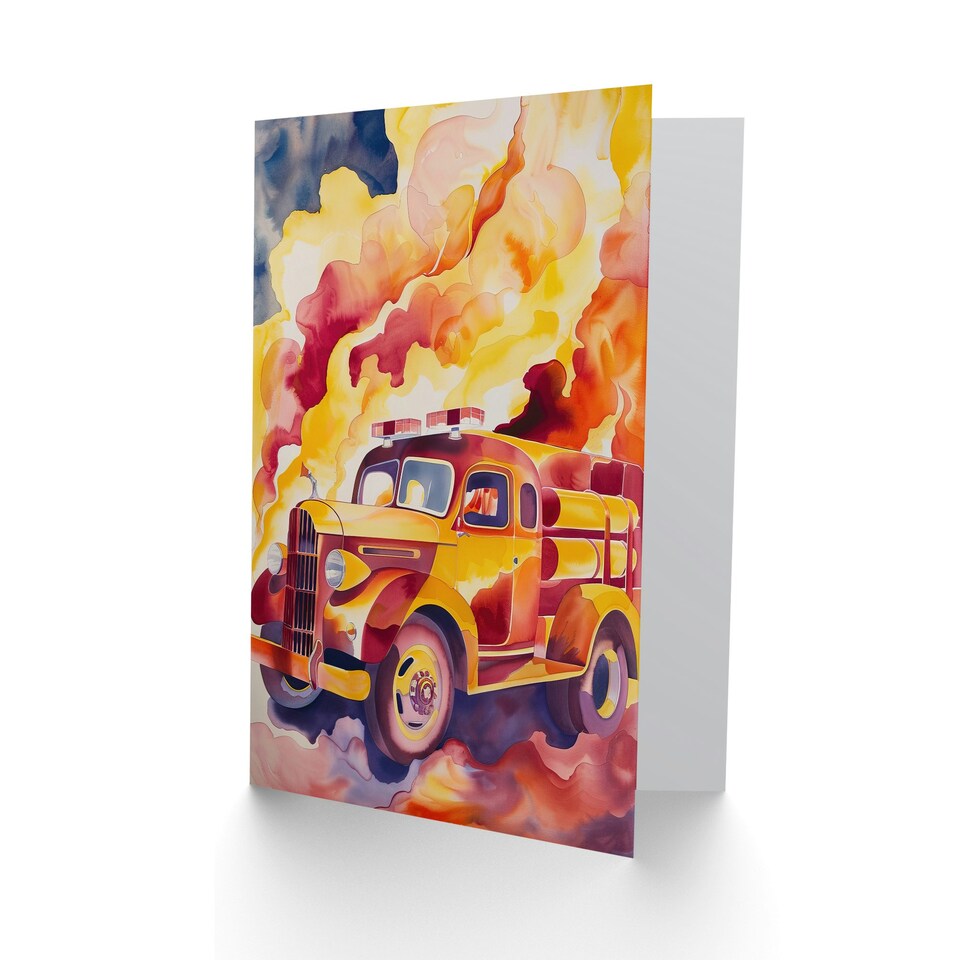 image 1 of Fire Truck On Orange Lilac Red Watercolour Him Her Birthday Card