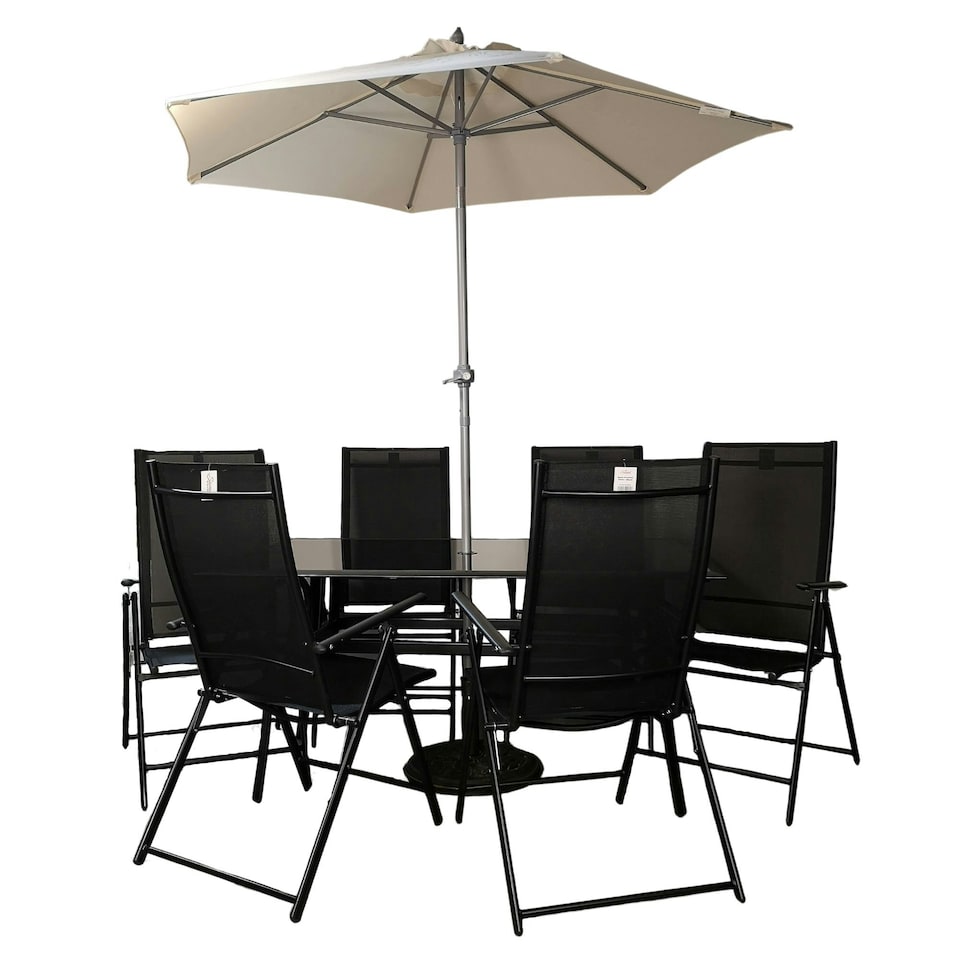 image 1 of Outdoor 6 Person Rectangular Glass Top Garden Patio Dining Table Chairs With Cream Parasol and Base Set