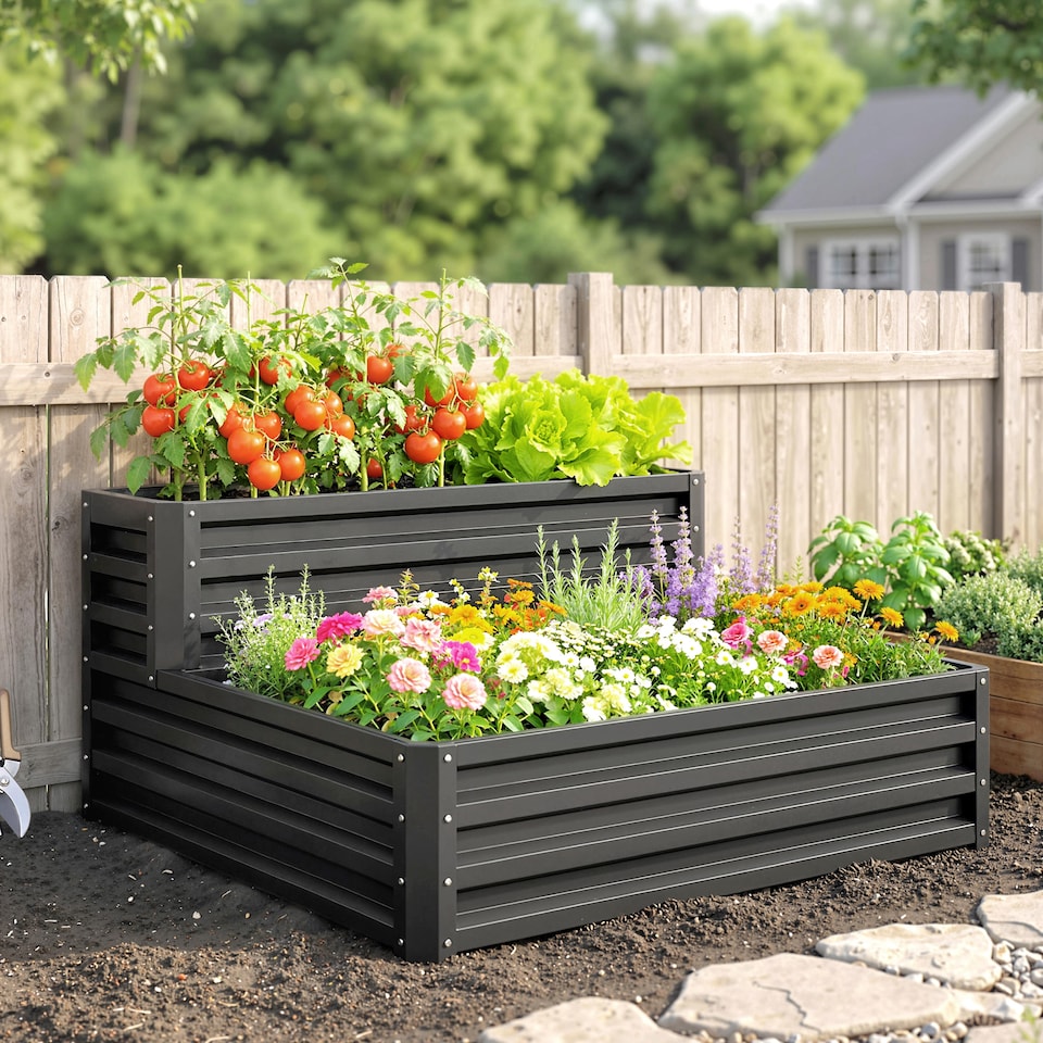 image 1 of Outsunny 2 Tier Galvanised Raised Garden Bed Planter Box Open Bottom Dark Grey | Grey | Dark Grey
