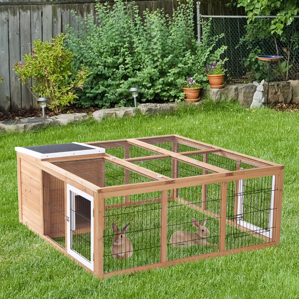 image 1 of PawHut Rabbit Hutch Outdoor, Guinea Pig House, Bunny Run Cage with Openable Top for 1-2 Rabbits, 123 x 120 x 52cm, Yellow