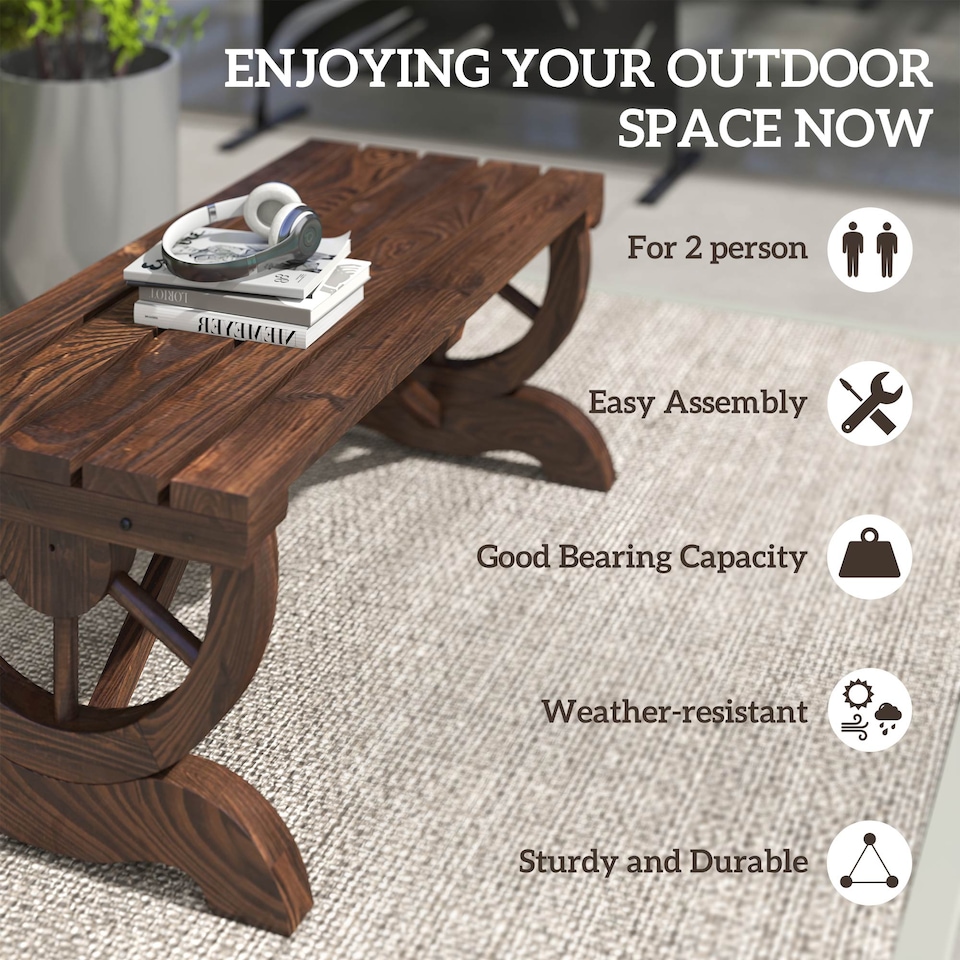 image 1 of Outsunny Wooden Wheel Bench Rustic Outdoor Patio Garden Seat 2-Person Brown | Brown