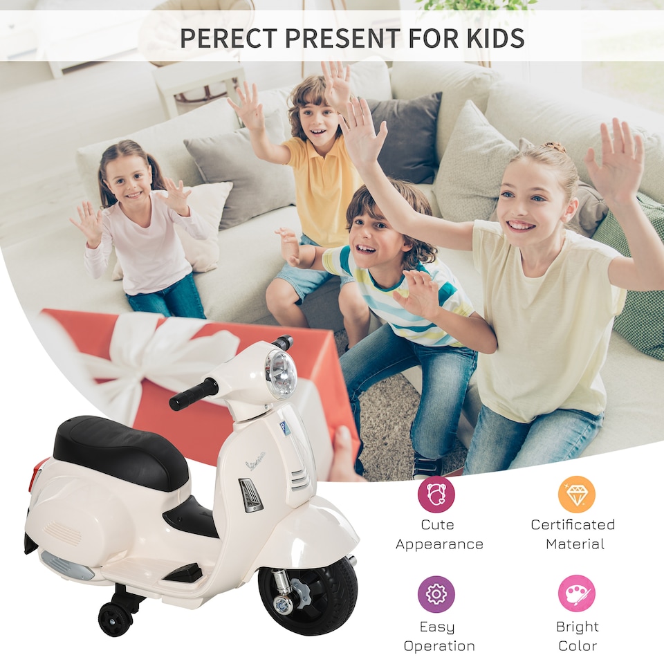 image 1 of HOMCOM Vespa Licensed Kids Ride On Motorcycle, 6V Battery Powered, White