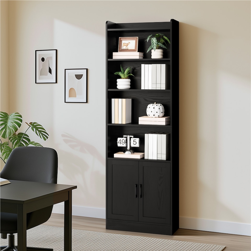 image 1 of Yaheetech 7-Tier Tall Bookcase with 2-Door Cabinet-Black