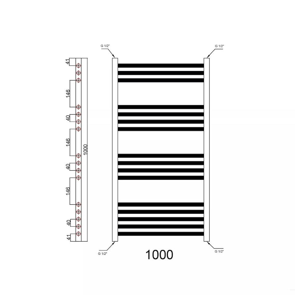image 1 of Matt Black 1000 x 500mm Heated Bathroom Towel Rail Warmer Ladder Radiator with Angled Manual Valves Pair