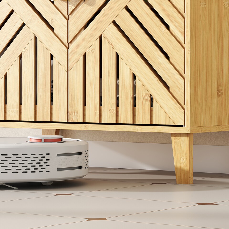 image 1 of HOMCOM Under Sink Bathroom Cabinet, Bamboo Freestanding Under Sink Cabinet with Adjustable Shelf and Slat Doors for Basin without Pedestal, Natural