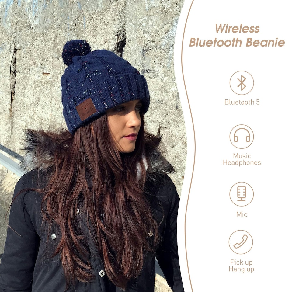 image 1 of Pom Pom Beanie Hat with Bluetooth Speakers Rechargeable with Built-In Microphone for Calls - August EPA30 Blue