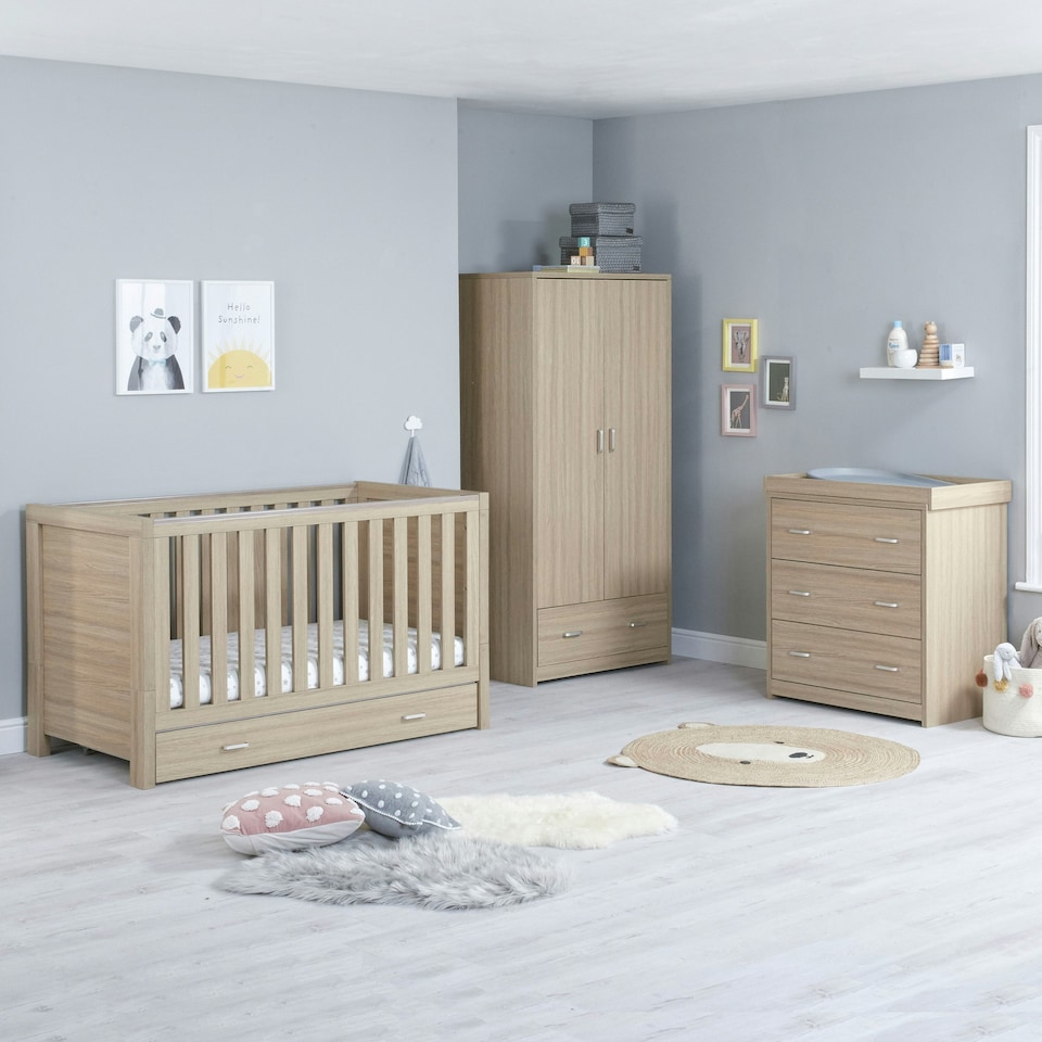 image 1 of Babymore Luno 3 Piece Room Set with Drawer - Oak