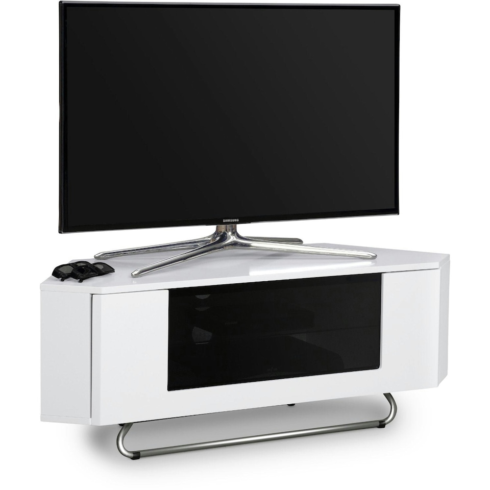 image 1 of Centurion Supports Hampshire Corner-Friendly Gloss White with Black Contrast Beam-Thru Remote Friendly Door 26"-50" Flat Screen TV Cabinet White