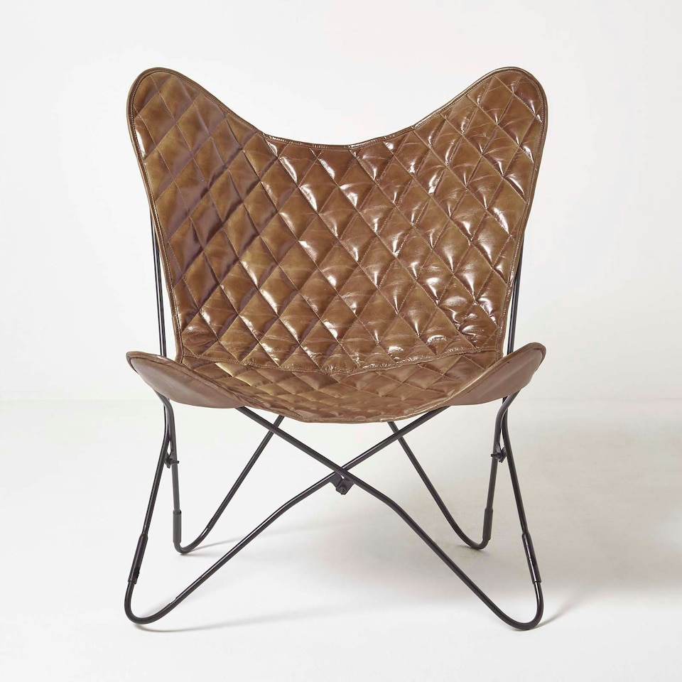 image 1 of Homescapes Brown Leather Diamond Butterfly Chair Brown