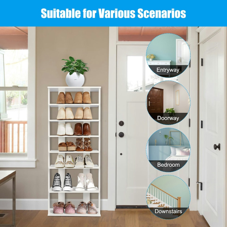 image 1 of COSTWAY 7-tier Double Shoe Storage Tower Rack Stand White White