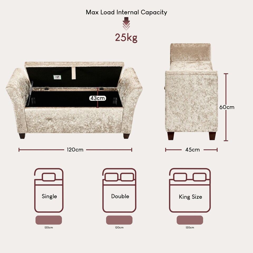 image 1 of Vida Designs Seville Storage Ottoman Bedroom Hallway Chest Bench, Crushed Velvet Champagne | Gold | Crushed Velvet Champagne | One Size