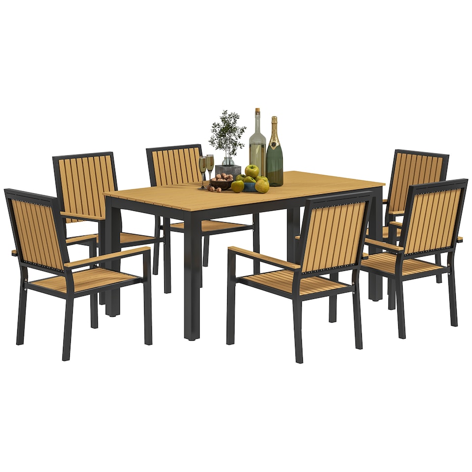 image 1 of Outsunny 6 Seater Garden Dining Set with Stackable Chairs, Aluminium Frame, Rectangular Plastic Top, Garden Furniture Set, Outdoor Dining Table and Chairs for Patio, Balcony, Poolside, Nature Wood | Cream | Natural | 1