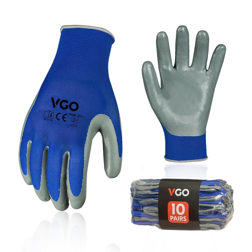 image 1 of Pack of 10 Nitrile Coated Safety Work Gloves | Protective Grip Gloves for Construction, Gardening, DIY & Warehouse Work | Reusable Breathable Work Gloves