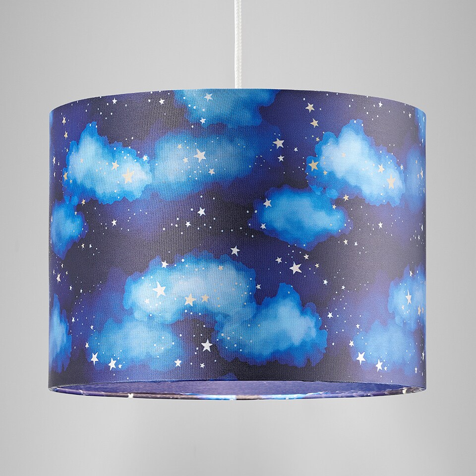 image 1 of Modern Navy Blue Childrens Lamp Shade with Bright Gold Stars and White Clouds | Blue | 10"
