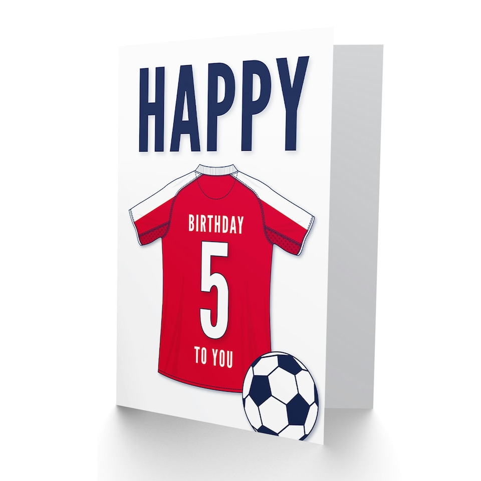 image 1 of Football Strip Kit White Red Jersey 5 Year Old Child Kids 5th Birthday Card