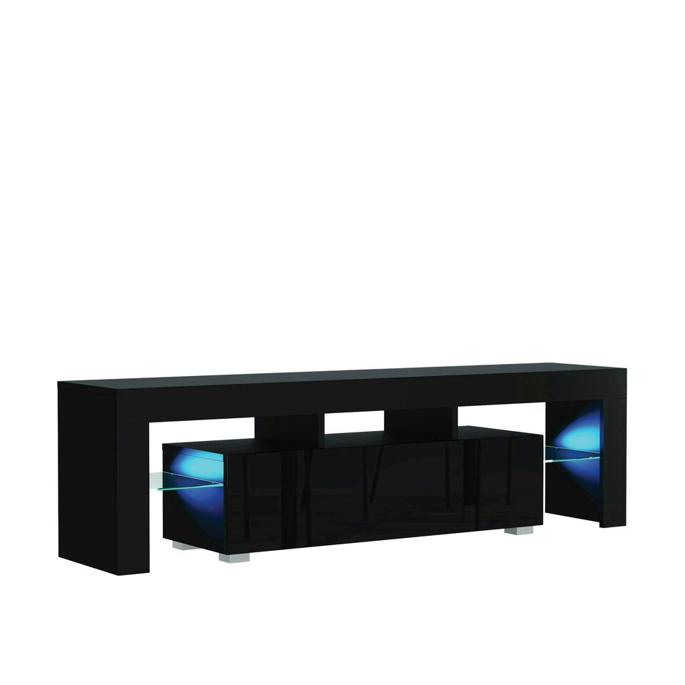 image 1 of TV Unit 160cm Black Gloss Door Black Matt Body with LED Glass Sides Black