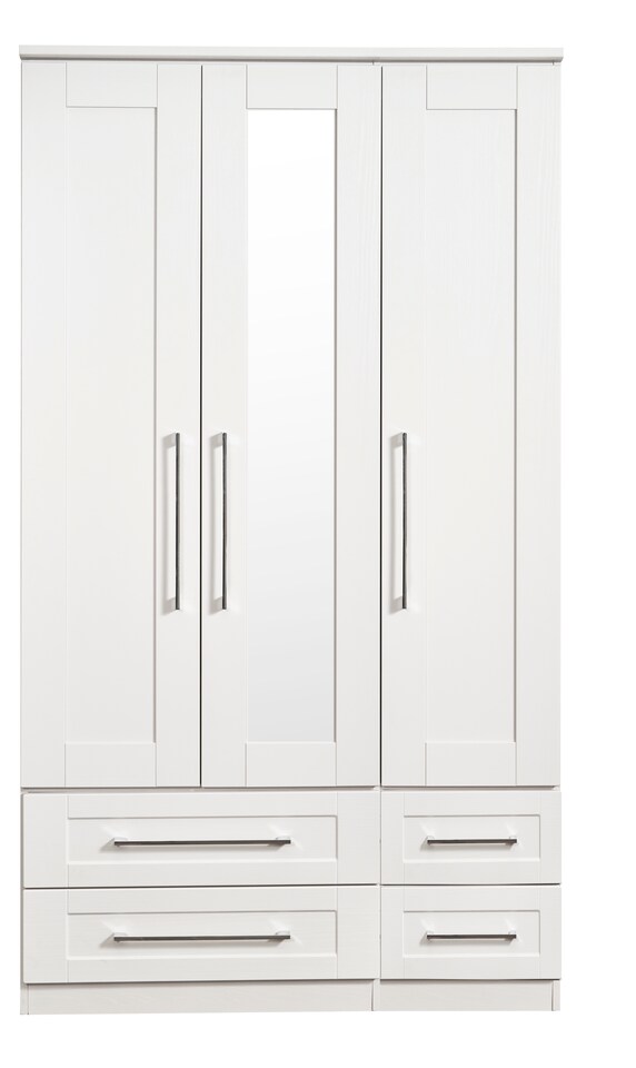 image 1 of Ripon Tall Triple 4 Drawer Mirrored Wardrobe in White Ash (Ready Assembled) | White | White Ash