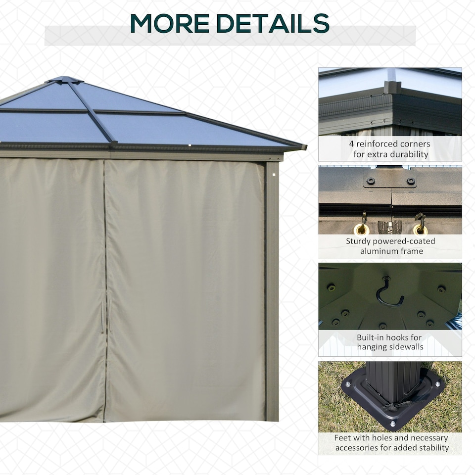 image 1 of Outsunny 3x3(m) Aluminium Hardtop Gazebo Canopy w/ Polycarbonate Top, Curtains