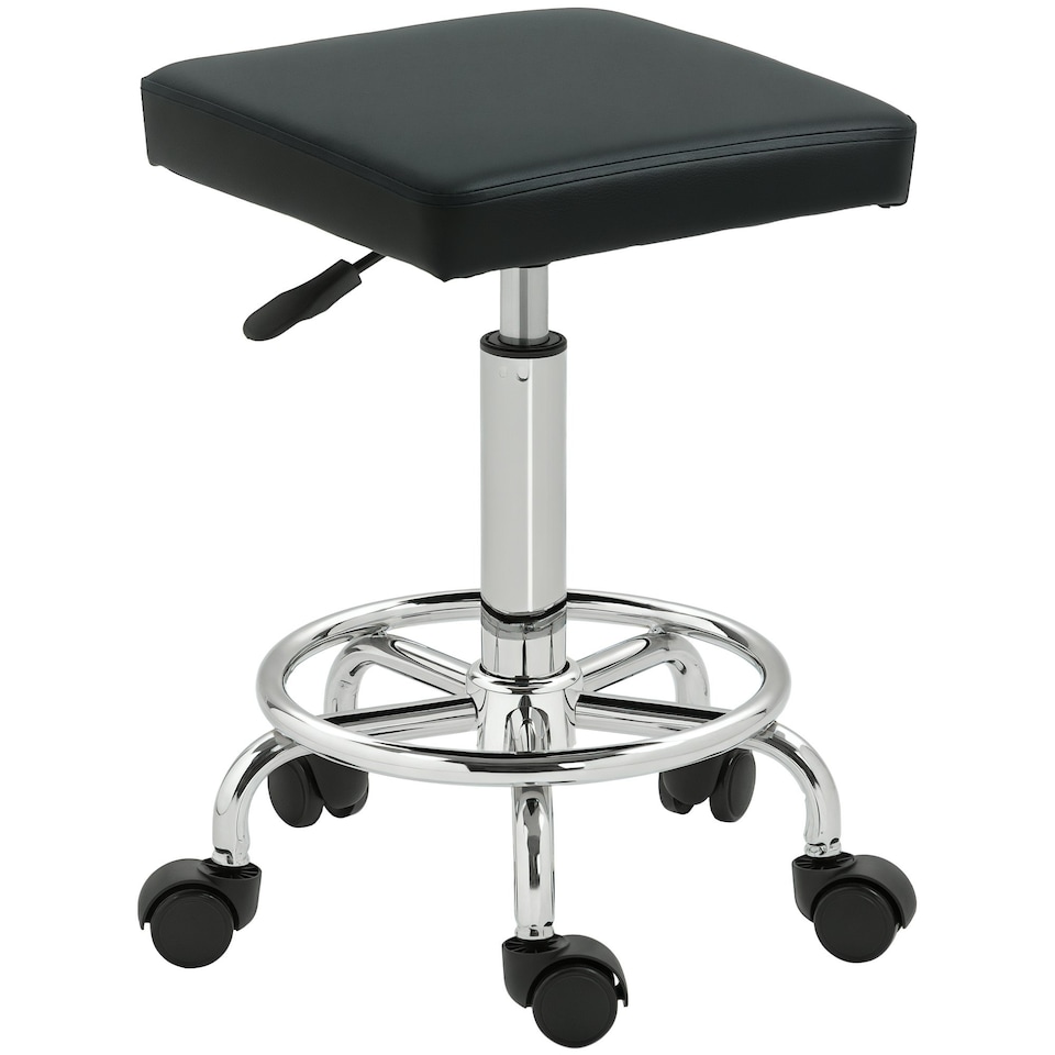 image 1 of HOMCOM PU Leather Rolling Stool, Height Adjustable Salon Chair, Black Black | Black