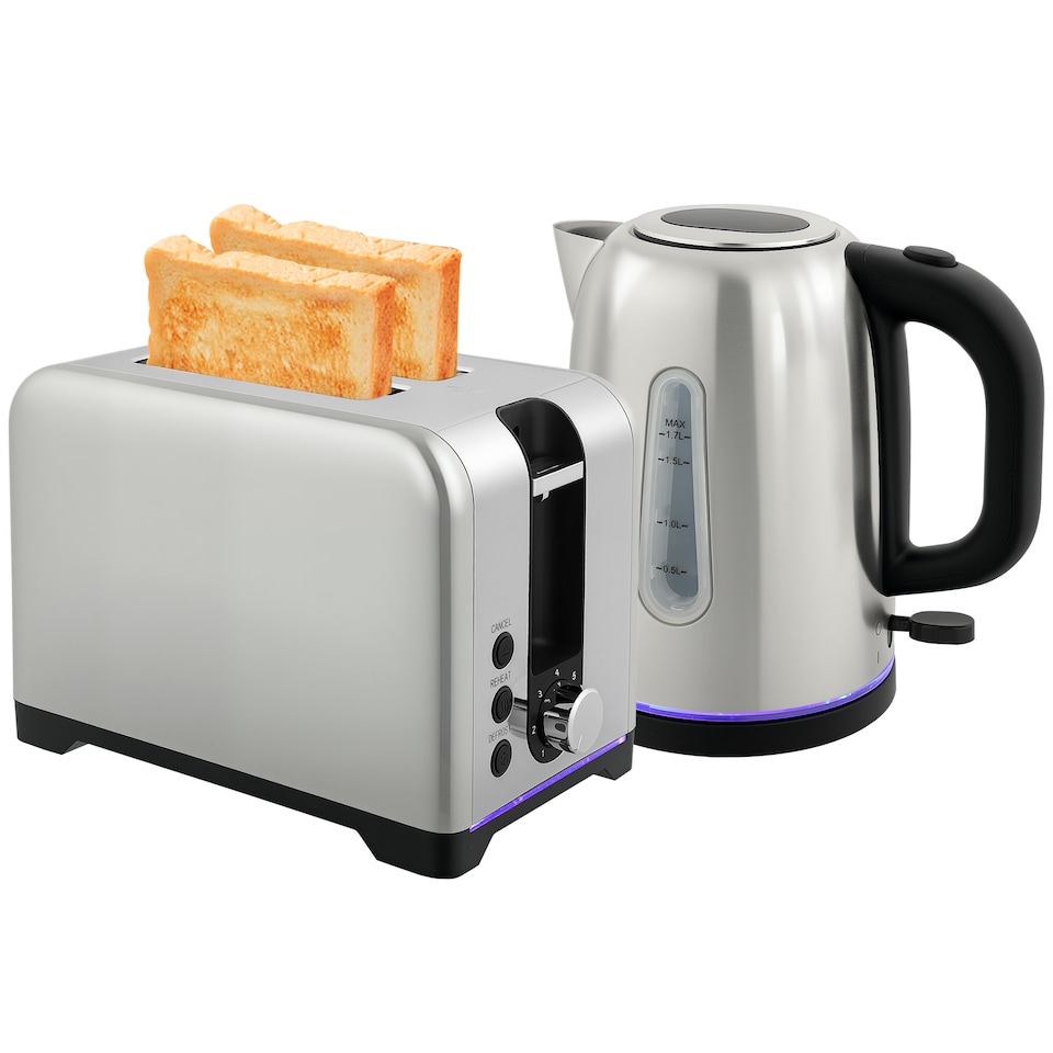 image 1 of HOMCOM Kettle and Toaster Set, 1.7L 3000W Rapid Boil Jug Kettle with Otter Thermostat, Limescale Filter, 2 Slice Toaster with 7 Browning Controls, Crumb Tray, Silver Tone | Silver