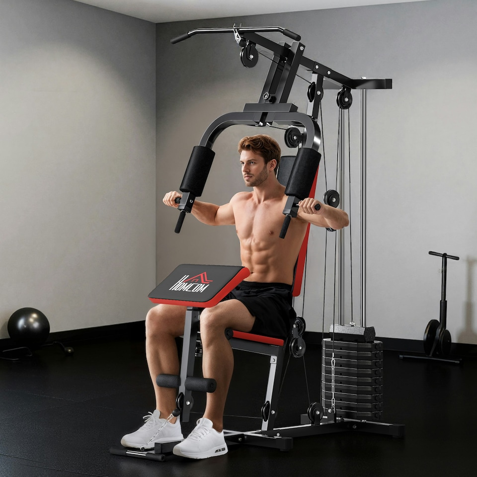 image 1 of HOMCOM Multi Home Gym Machine with 66kg Weights for Strength Training, Red